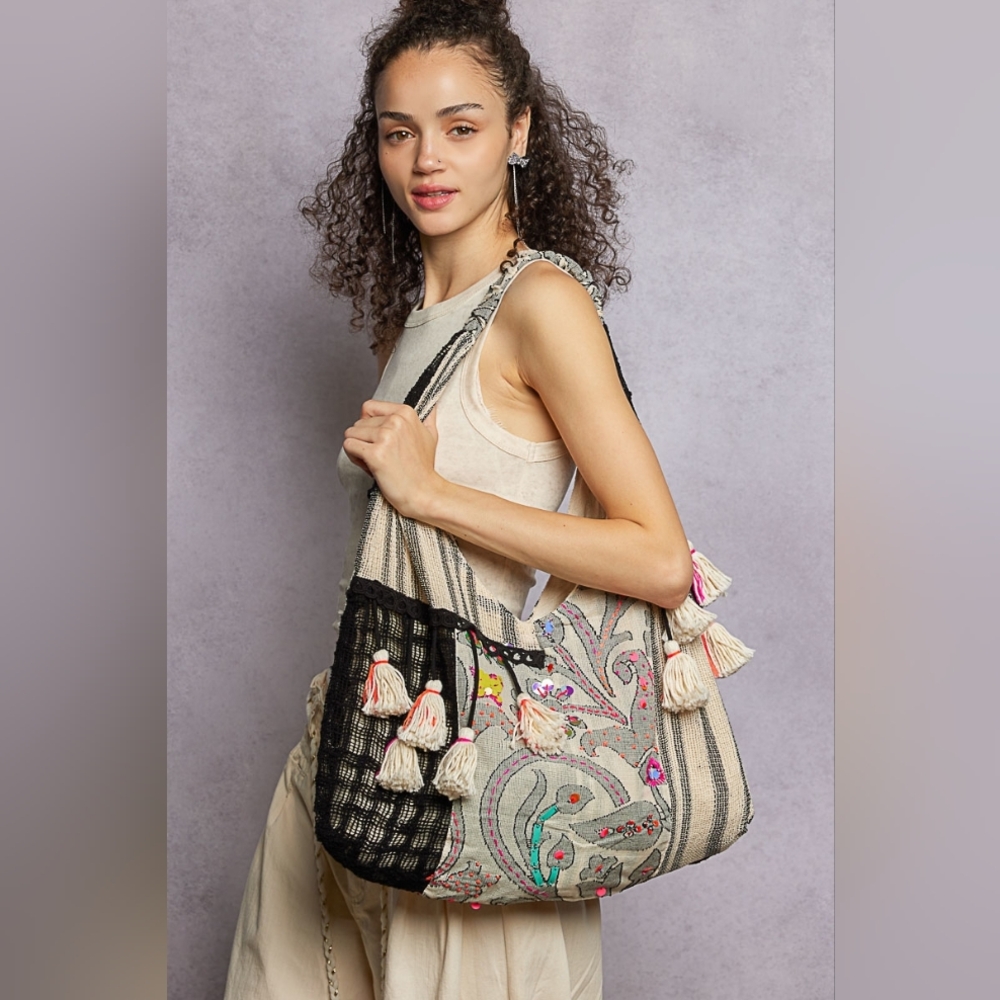 POL Boho Embroidered Tassel Tote Cream Black Pink Paisley Shoulder Bag NWT IOP
